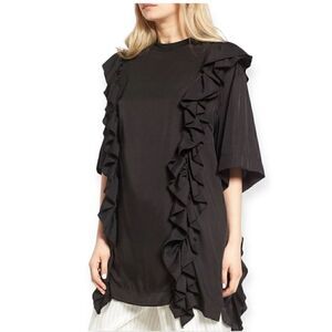 J KOO Black Ruffle Elongated Tee T-Shirt Top Mini Dress K-POP Designer Runway XS